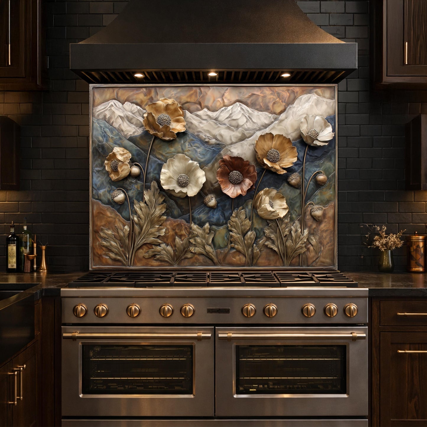 Alpine Poppies Tempered Glass Backsplash, Copper Look Mountain and Flower Wall Panel, Custom Size