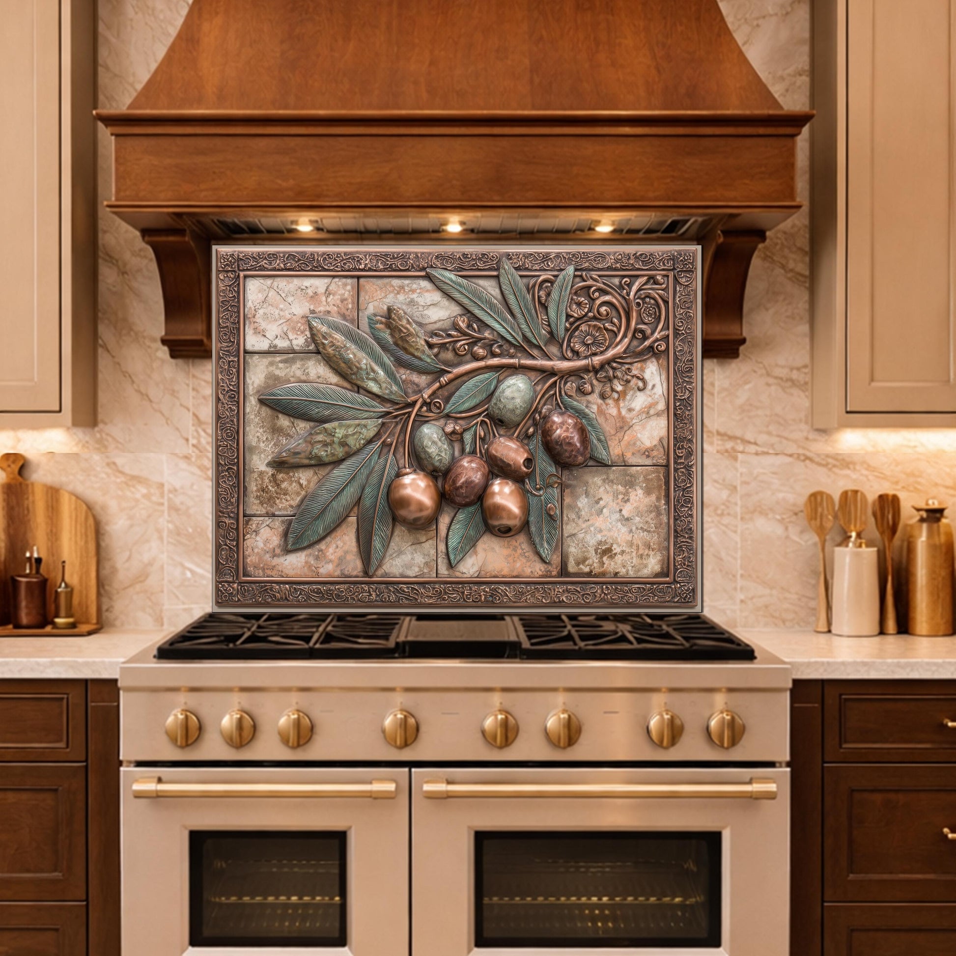 Rustic Olive Branch Backsplash, Copper Look Fruit Wall Panel, Mediterranean Kitchen Decor, Custom Size
