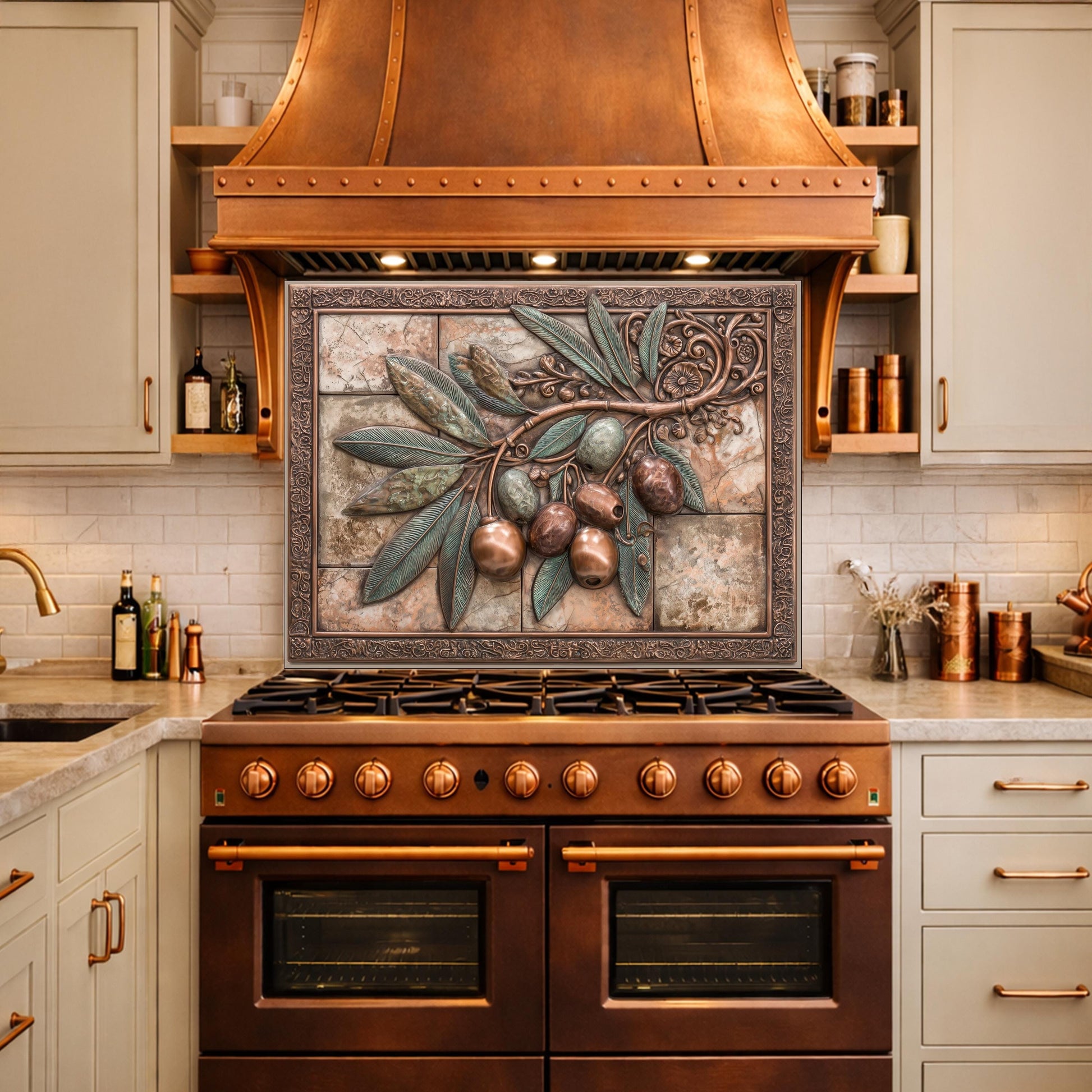 Rustic Olive Branch Backsplash, Copper Look Fruit Wall Panel, Mediterranean Kitchen Decor, Custom Size