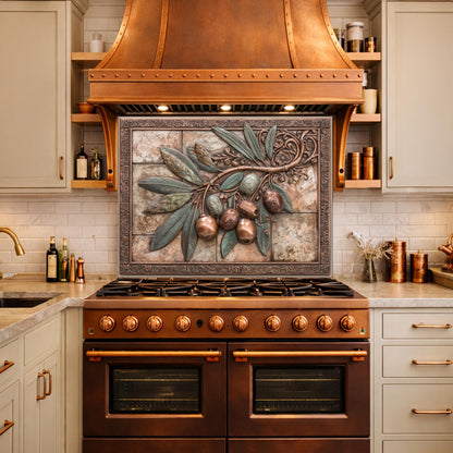 Rustic Olive Branch Backsplash, Copper Look Fruit Wall Panel, Mediterranean Kitchen Decor, Custom Size