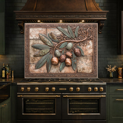 Rustic Olive Branch Backsplash, Copper Look Fruit Wall Panel, Mediterranean Kitchen Decor, Custom Size