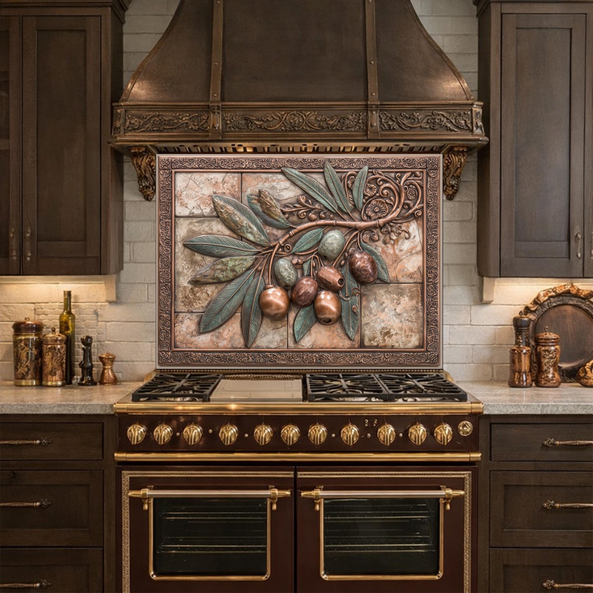 Rustic Olive Branch Backsplash, Copper Look Fruit Wall Panel, Mediterranean Kitchen Decor, Custom Size