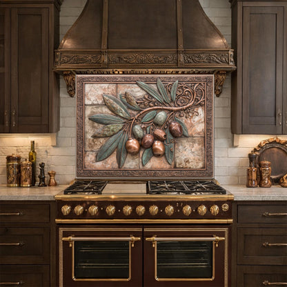 Rustic Olive Branch Backsplash, Copper Look Fruit Wall Panel, Mediterranean Kitchen Decor, Custom Size
