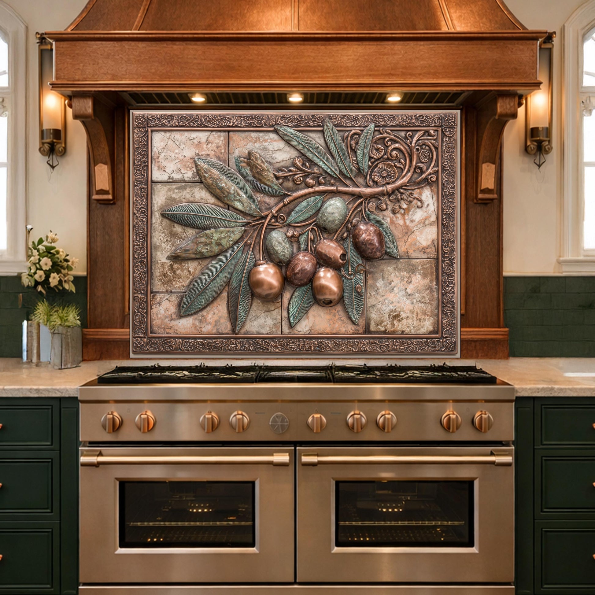 Rustic Olive Branch Backsplash, Copper Look Fruit Wall Panel, Mediterranean Kitchen Decor, Custom Size