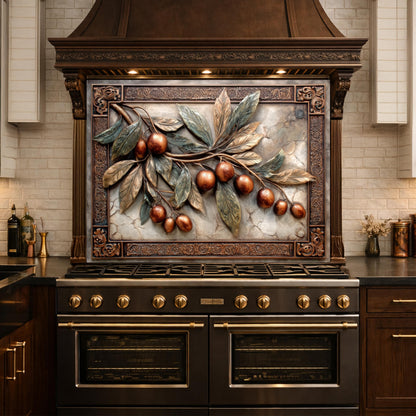 Elegant Olive Branch Backsplash, Copper Look Fruit Wall Panel, Mediterranean Decor, Custom Size