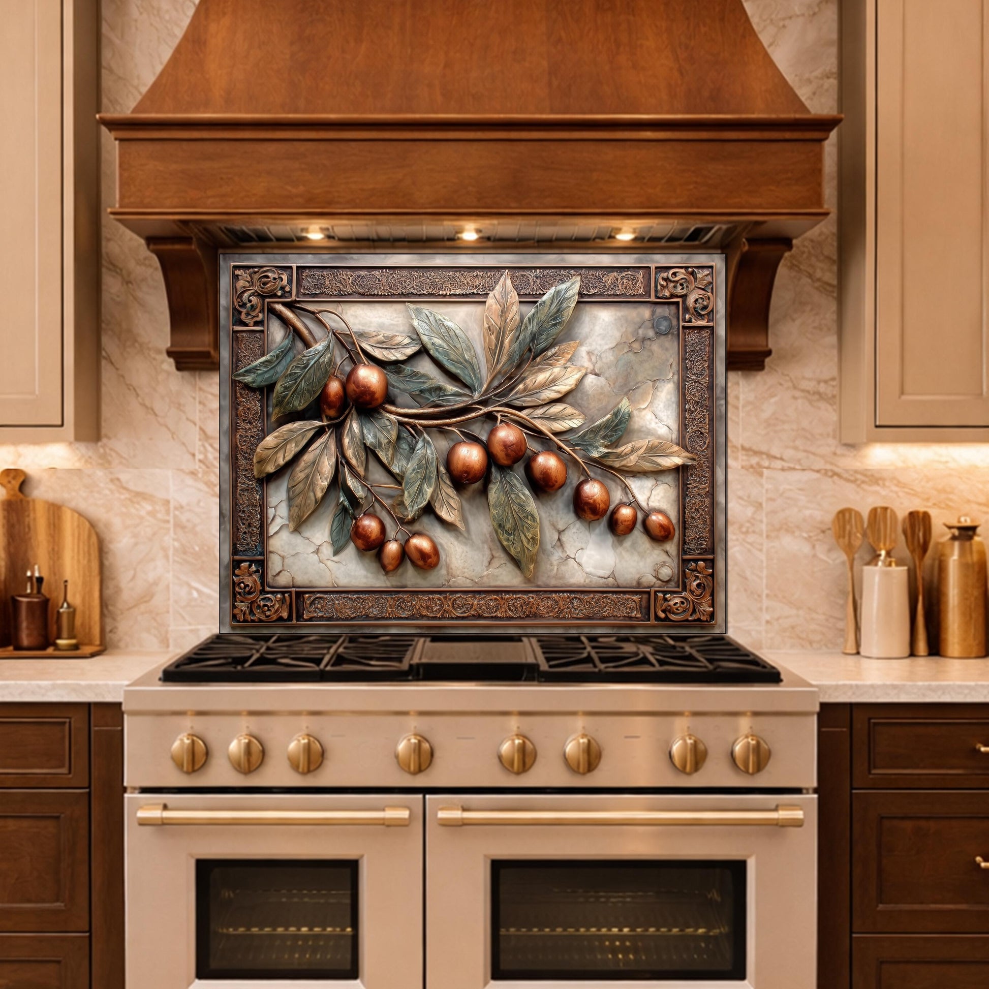 Elegant Olive Branch Backsplash, Copper Look Fruit Wall Panel, Mediterranean Decor, Custom Size