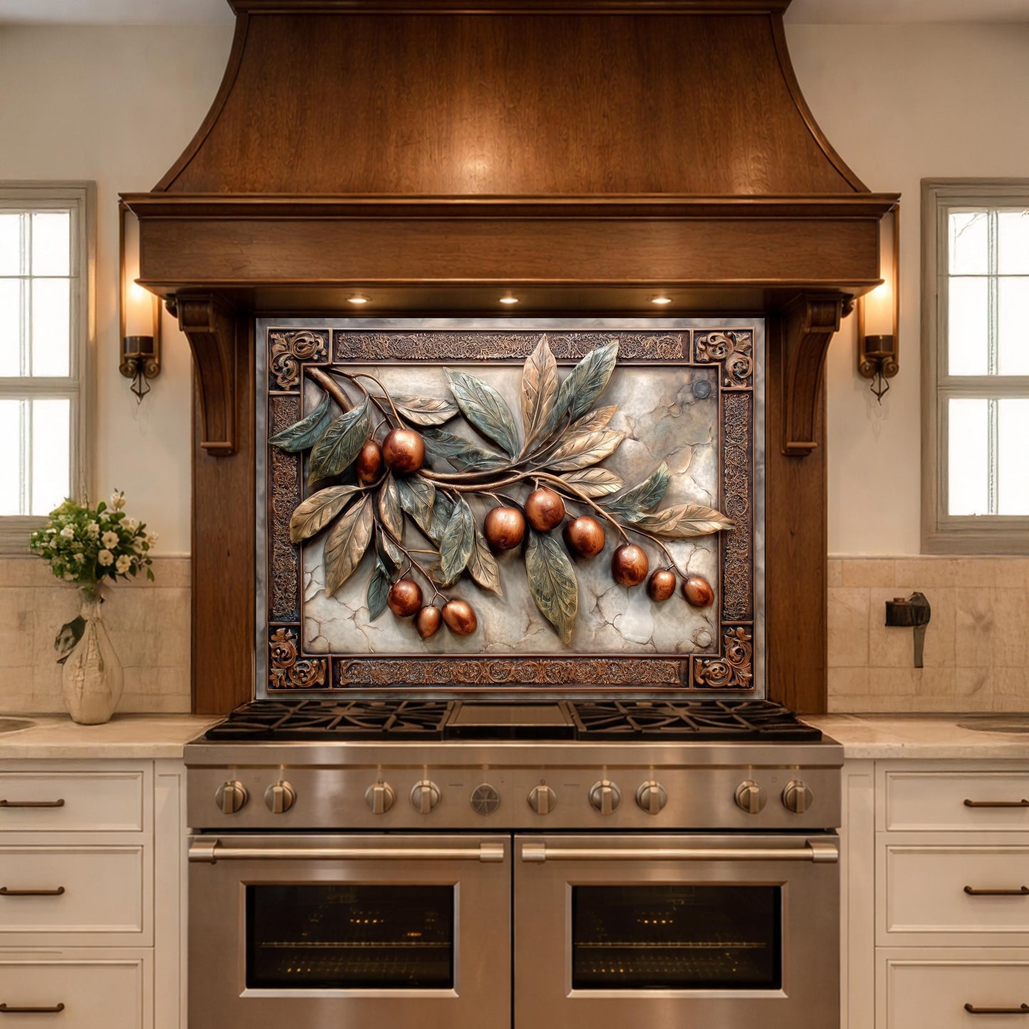 Elegant Olive Branch Backsplash, Copper Look Fruit Wall Panel, Mediterranean Decor, Custom Size