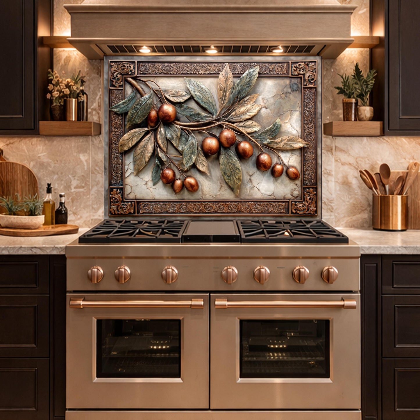 Elegant Olive Branch Backsplash, Copper Look Fruit Wall Panel, Mediterranean Decor, Custom Size