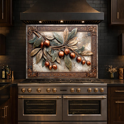 Elegant Olive Branch Backsplash, Copper Look Fruit Wall Panel, Mediterranean Decor, Custom Size