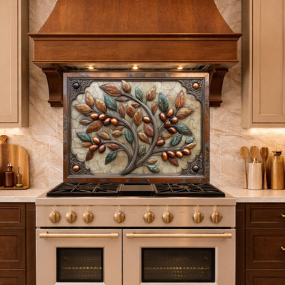 Rustic Olive Tree Backsplash, Copper Look Fruit Wall Panel, Mediterranean Kitchen Decor, Custom Size