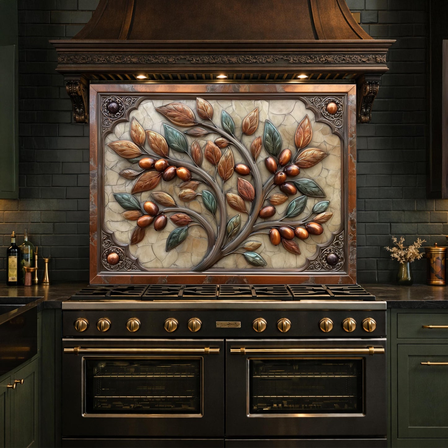 Rustic Olive Tree Backsplash, Copper Look Fruit Wall Panel, Mediterranean Kitchen Decor, Custom Size