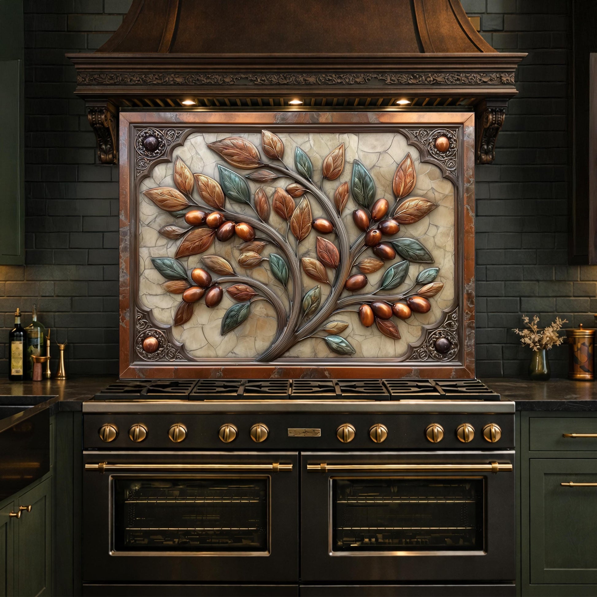 Rustic Olive Tree Backsplash, Copper Look Fruit Wall Panel, Mediterranean Kitchen Decor, Custom Size