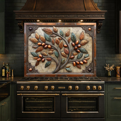 Rustic Olive Tree Backsplash, Copper Look Fruit Wall Panel, Mediterranean Kitchen Decor, Custom Size