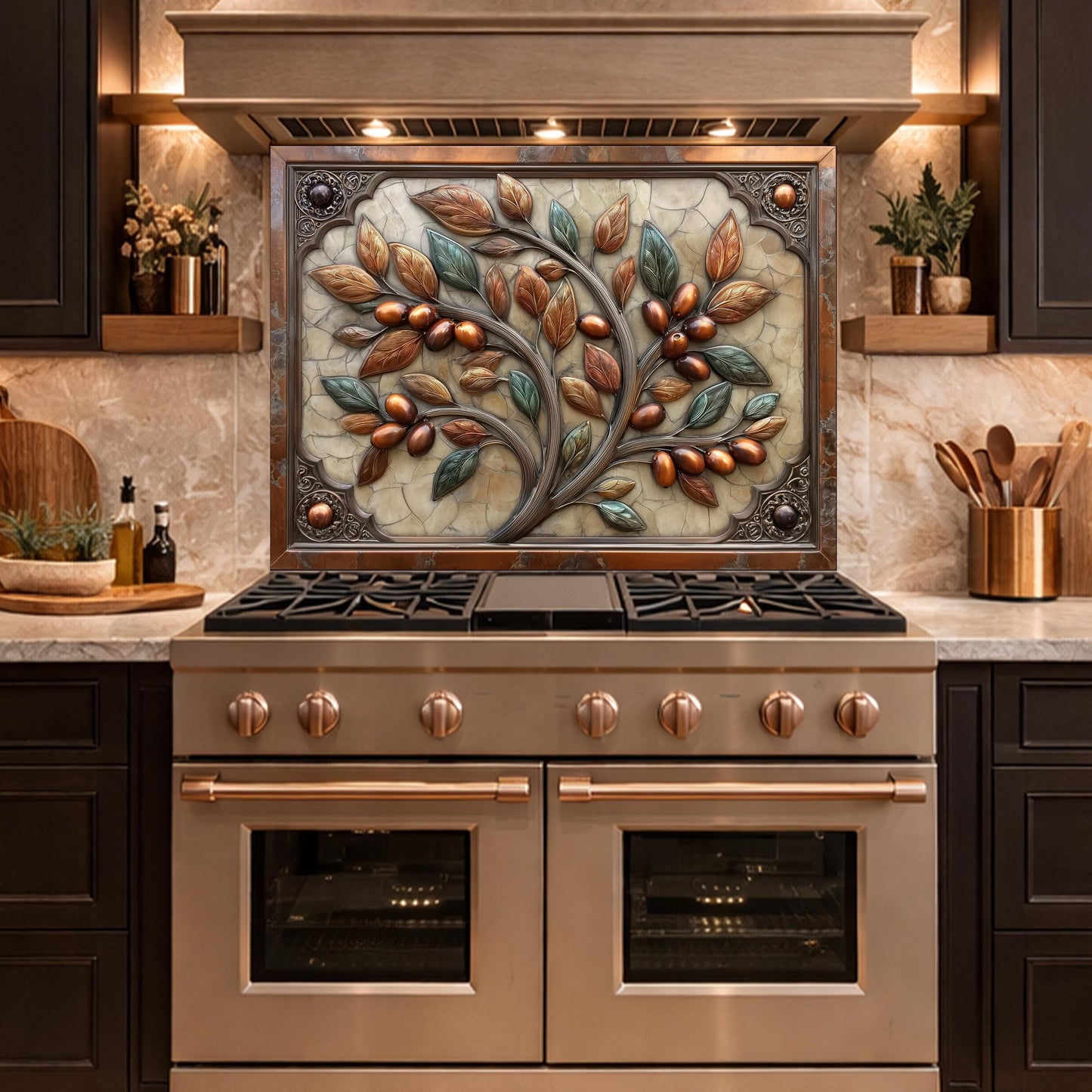 Rustic Olive Tree Backsplash, Copper Look Fruit Wall Panel, Mediterranean Kitchen Decor, Custom Size