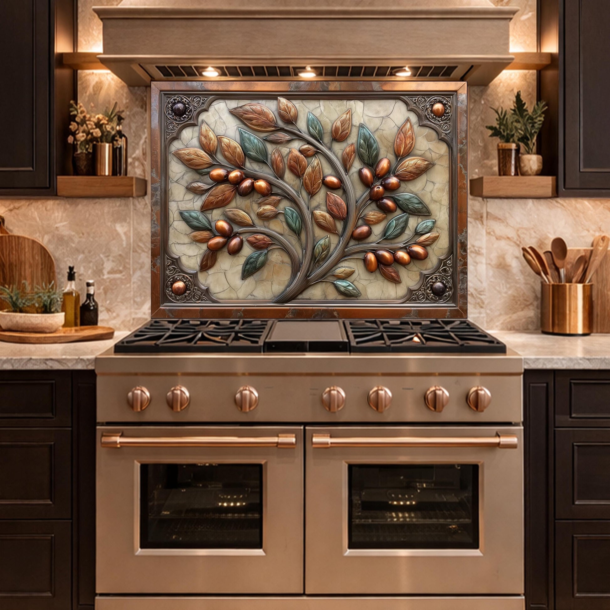 Rustic Olive Tree Backsplash, Copper Look Fruit Wall Panel, Mediterranean Kitchen Decor, Custom Size