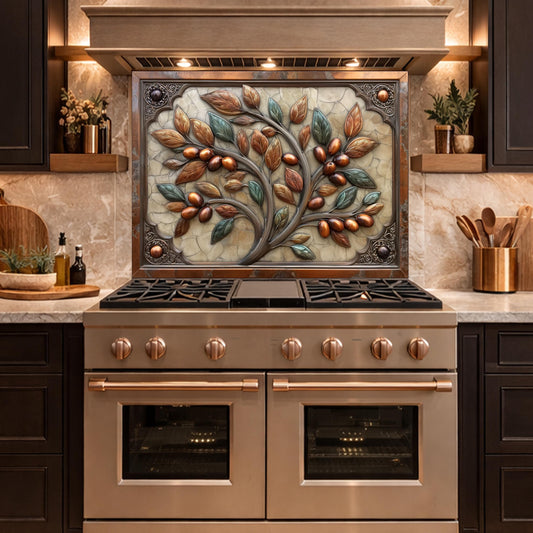 Rustic Olive Tree Backsplash, Copper Look Fruit Wall Panel, Mediterranean Kitchen Decor, Custom Size