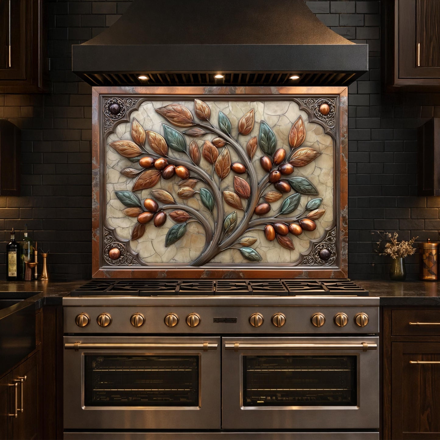 Rustic Olive Tree Backsplash, Copper Look Fruit Wall Panel, Mediterranean Kitchen Decor, Custom Size