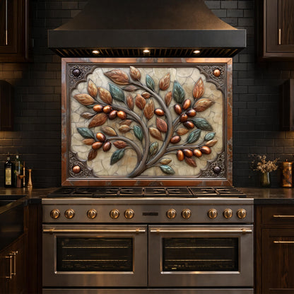 Rustic Olive Tree Backsplash, Copper Look Fruit Wall Panel, Mediterranean Kitchen Decor, Custom Size