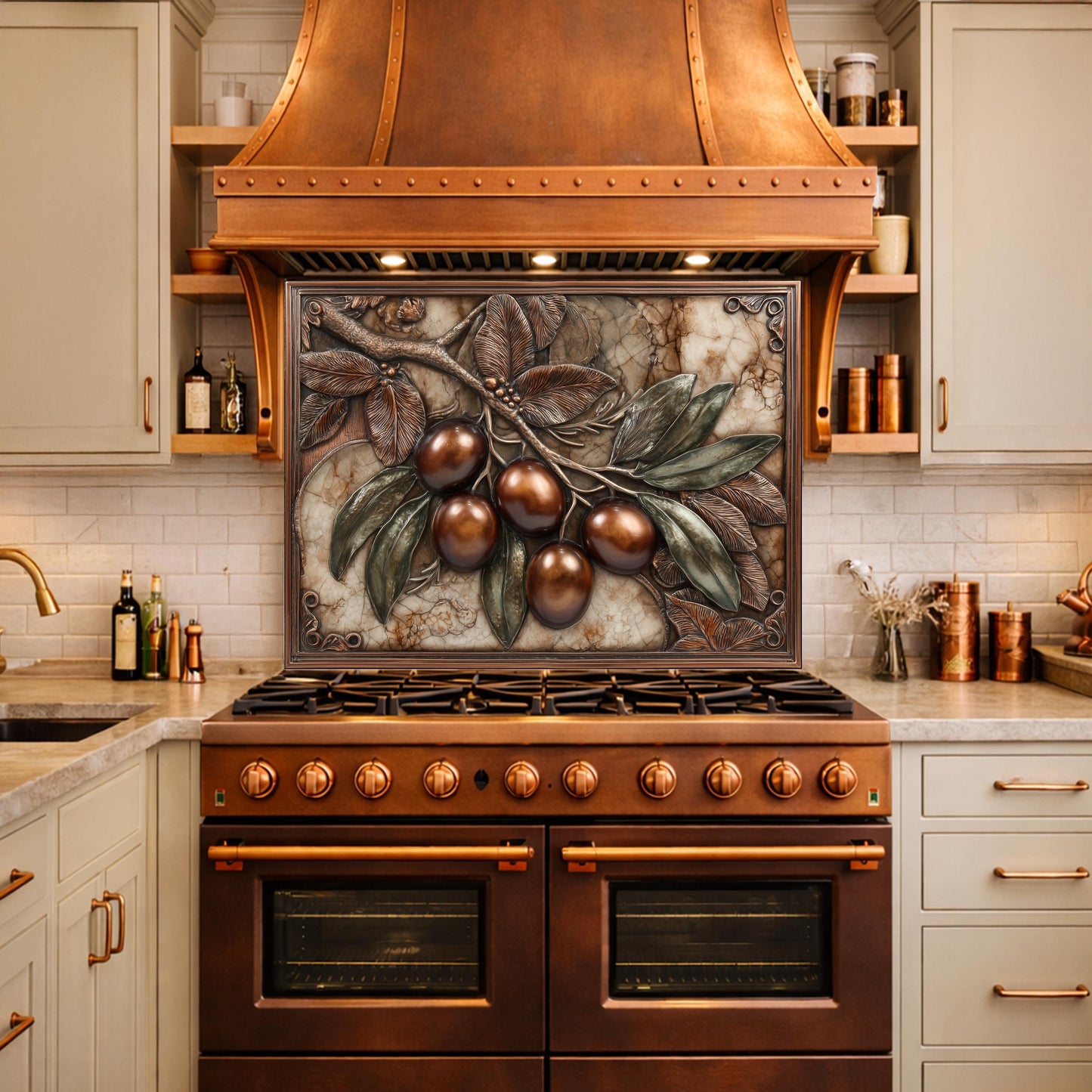 Olive Branch Backsplash, Copper Look Fruit Wall Panel, Marble Texture Art, Custom Size