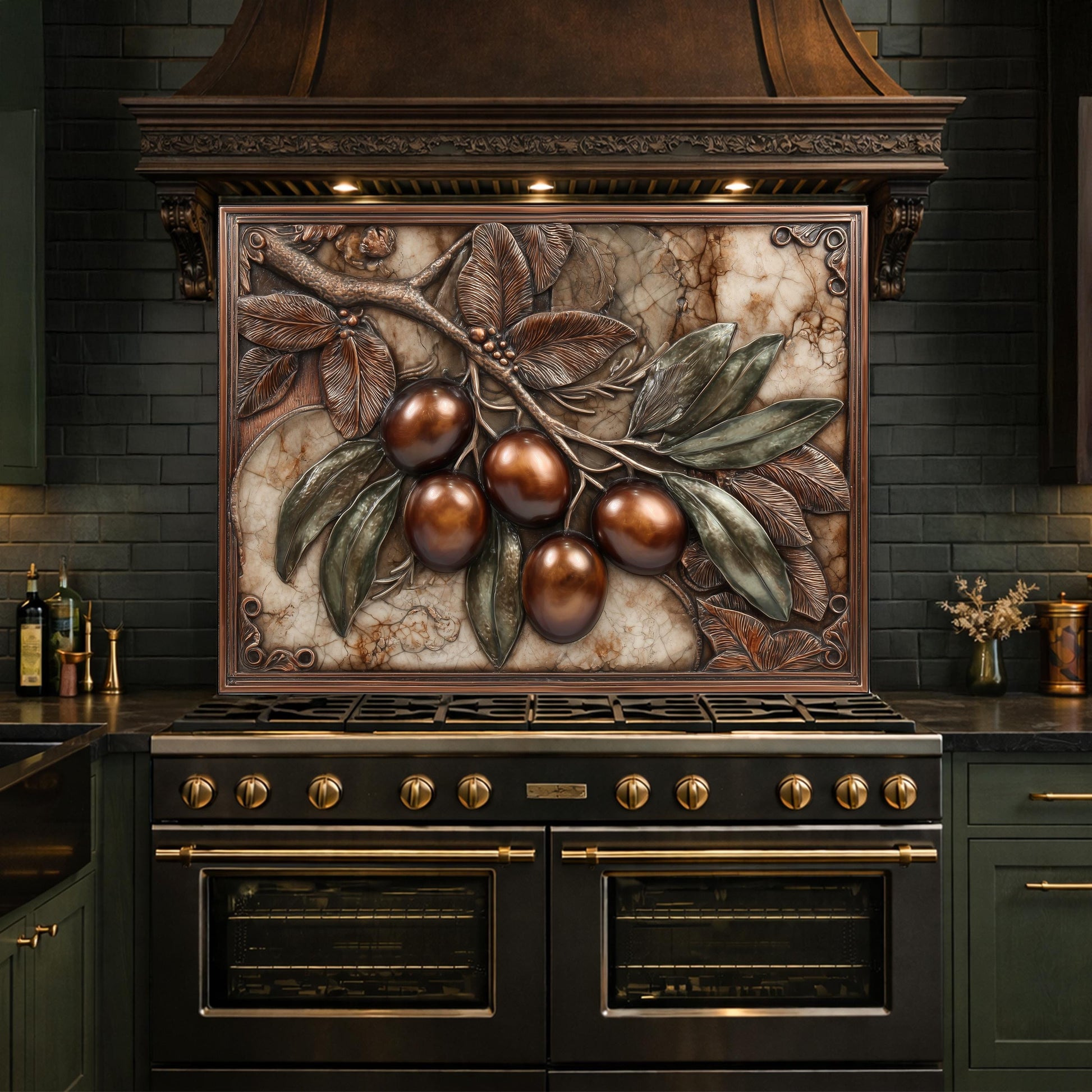 Olive Branch Backsplash, Copper Look Fruit Wall Panel, Marble Texture Art, Custom Size
