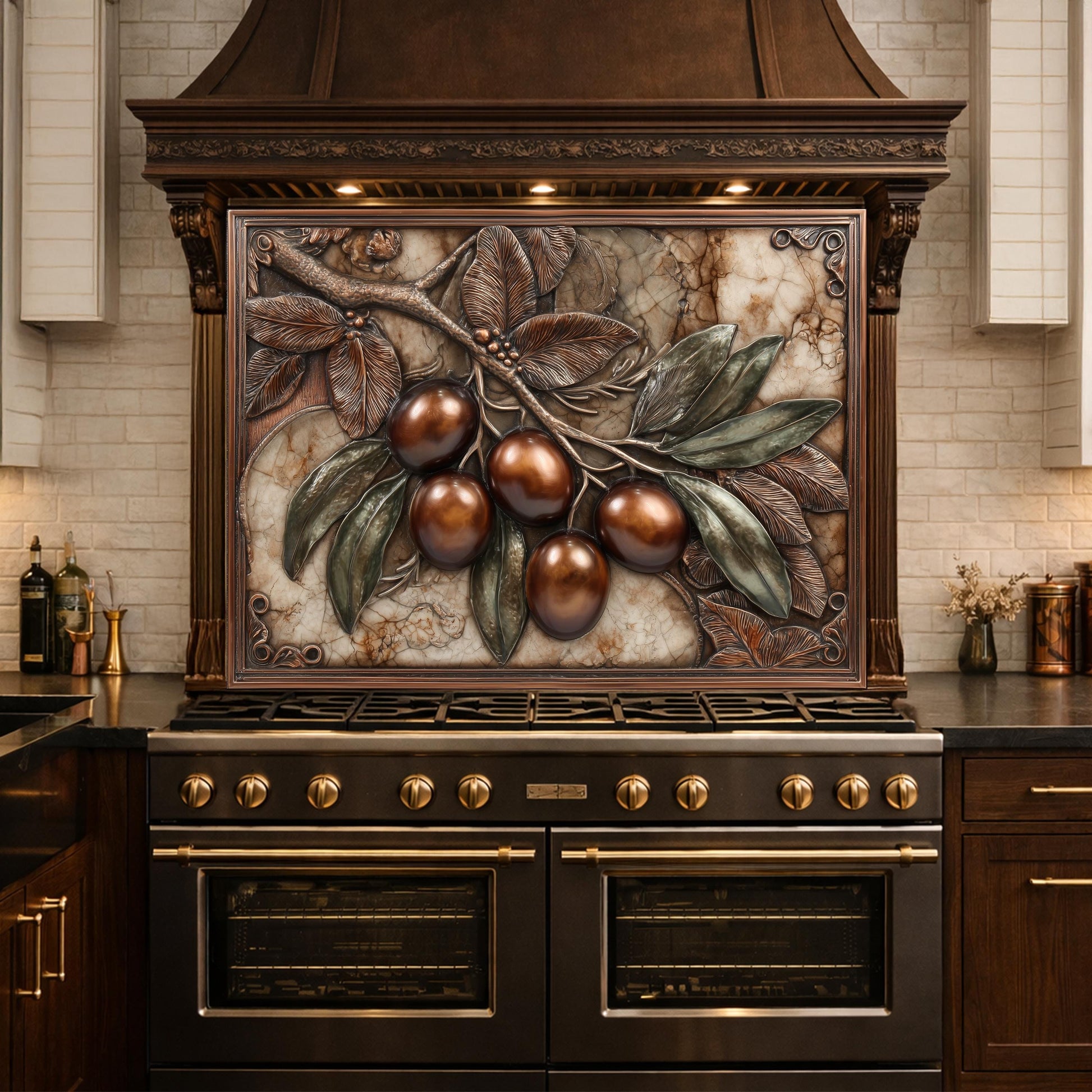 Olive Branch Backsplash, Copper Look Fruit Wall Panel, Marble Texture Art, Custom Size