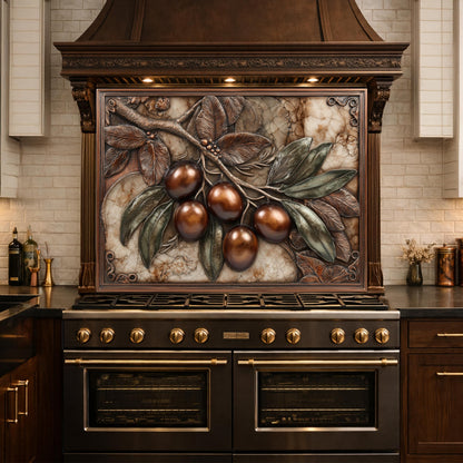 Olive Branch Backsplash, Copper Look Fruit Wall Panel, Marble Texture Art, Custom Size