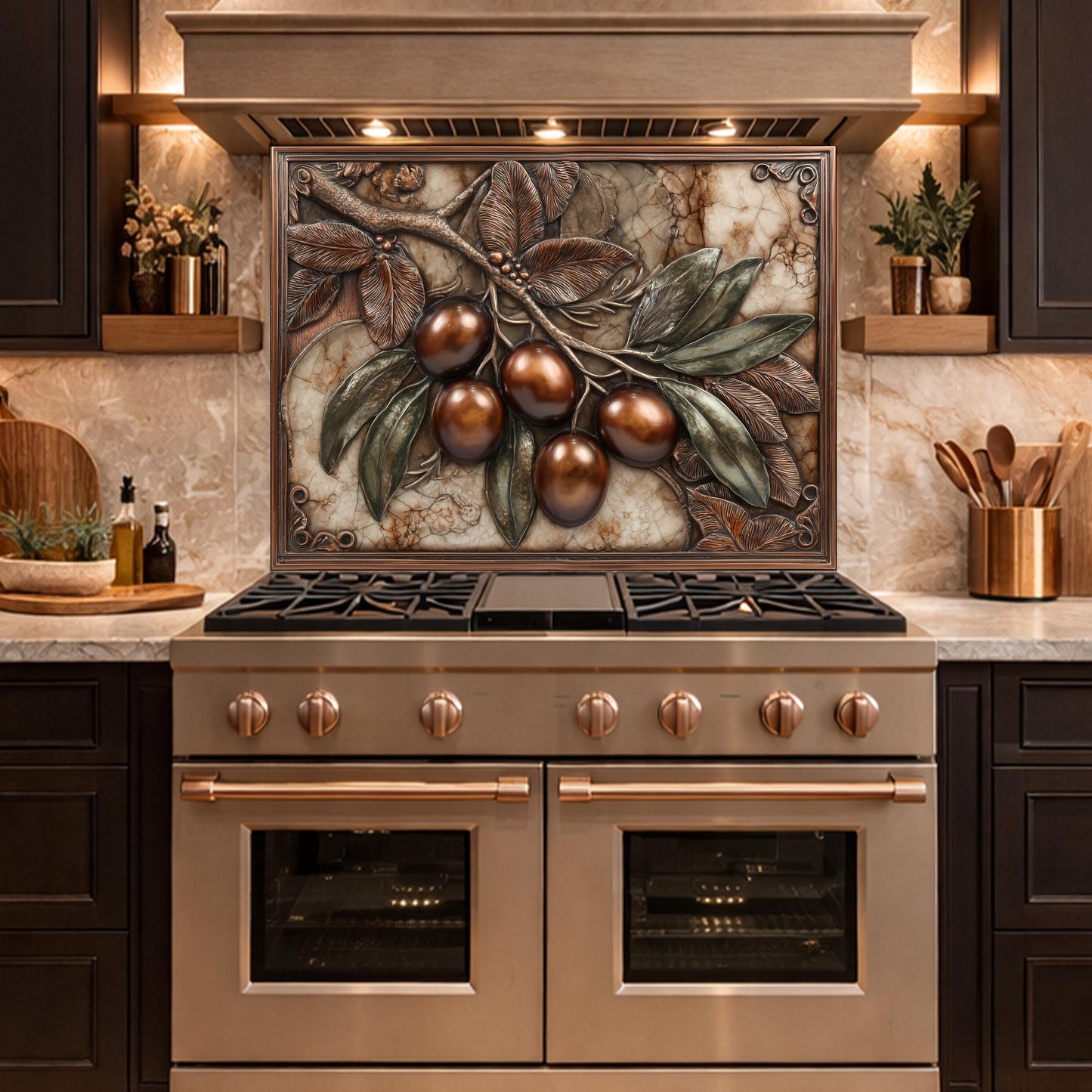 Olive Branch Backsplash, Copper Look Fruit Wall Panel, Marble Texture Art, Custom Size