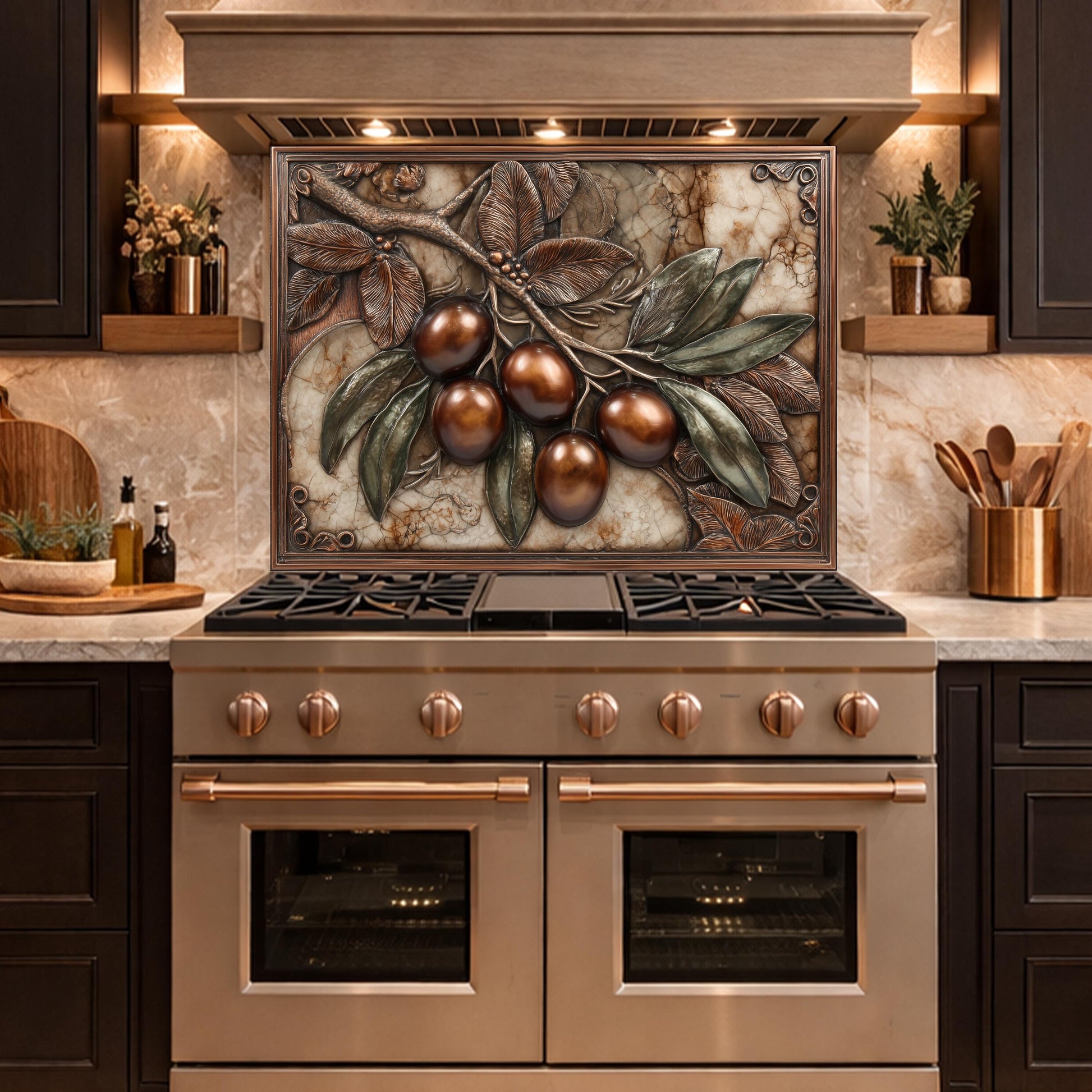 Olive Branch Backsplash, Copper Look Fruit Wall Panel, Marble Texture Art, Custom Size