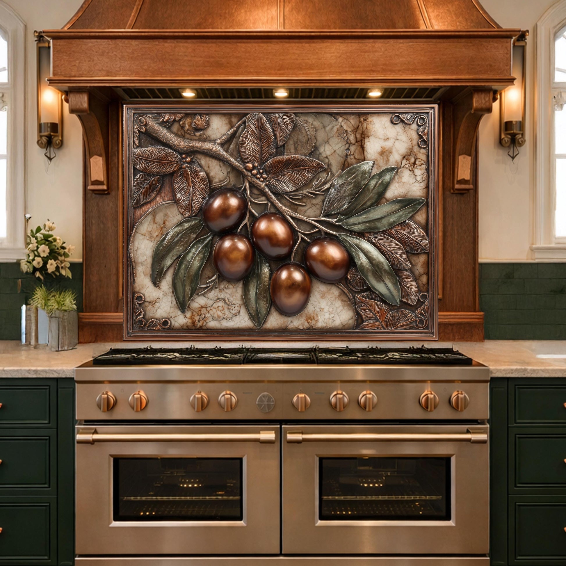Olive Branch Backsplash, Copper Look Fruit Wall Panel, Marble Texture Art, Custom Size