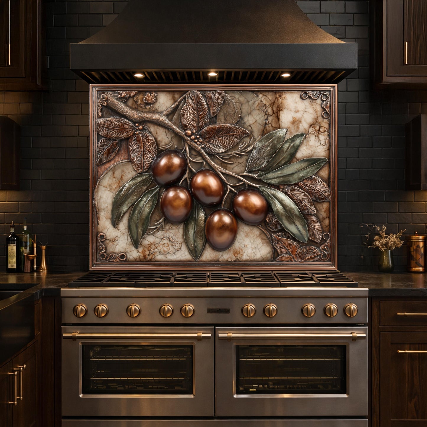 Olive Branch Backsplash, Copper Look Fruit Wall Panel, Marble Texture Art, Custom Size