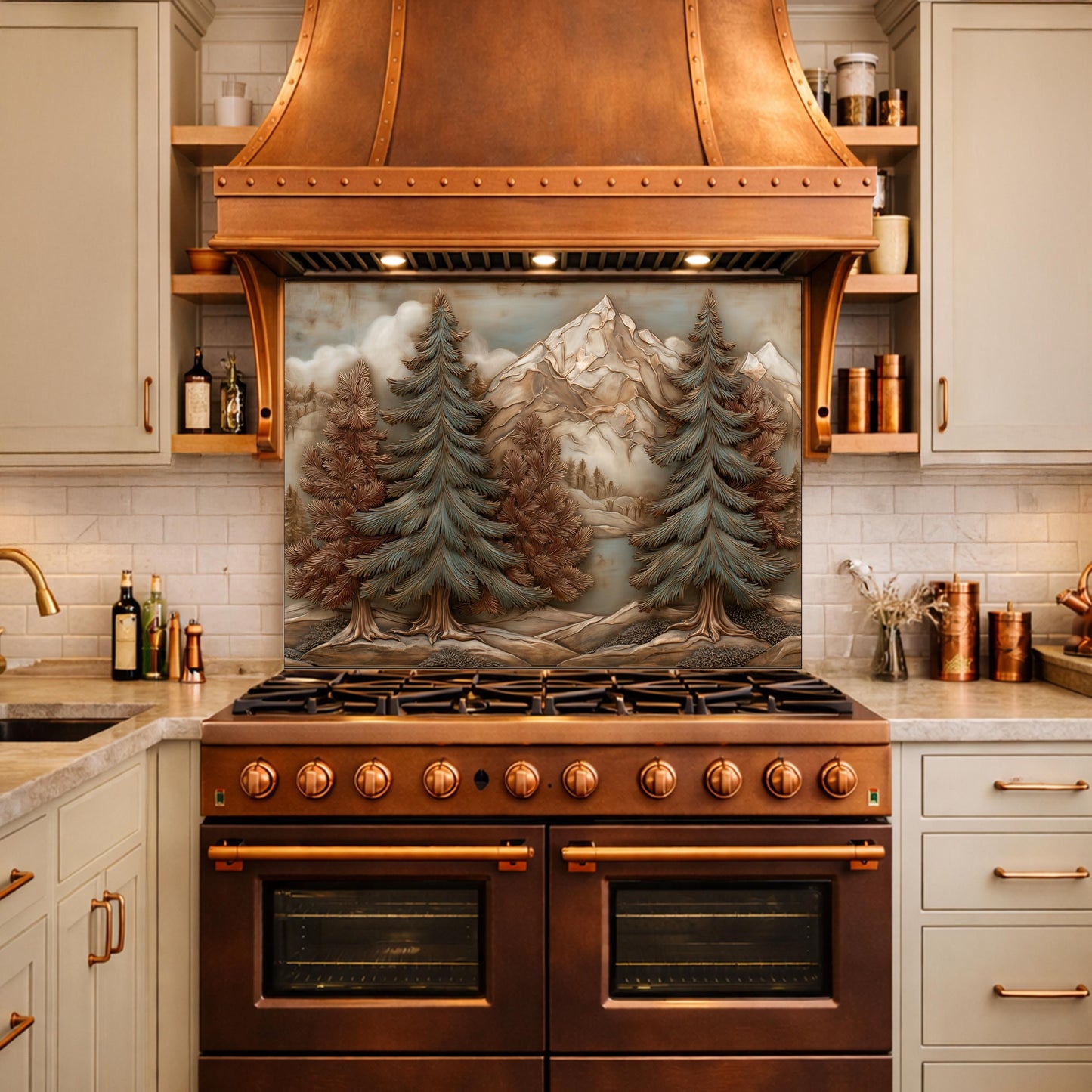 Alpine Pine Forest Backsplash, Copper Look Mountain Landscape Wall Panel, Custom Size