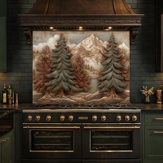 Alpine Pine Forest Backsplash, Copper Look Mountain Landscape Wall Panel, Custom Size