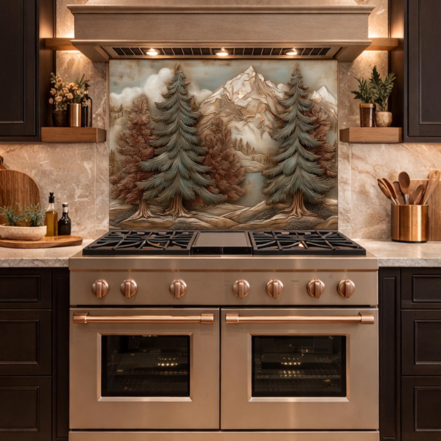 Alpine Pine Forest Backsplash, Copper Look Mountain Landscape Wall Panel, Custom Size