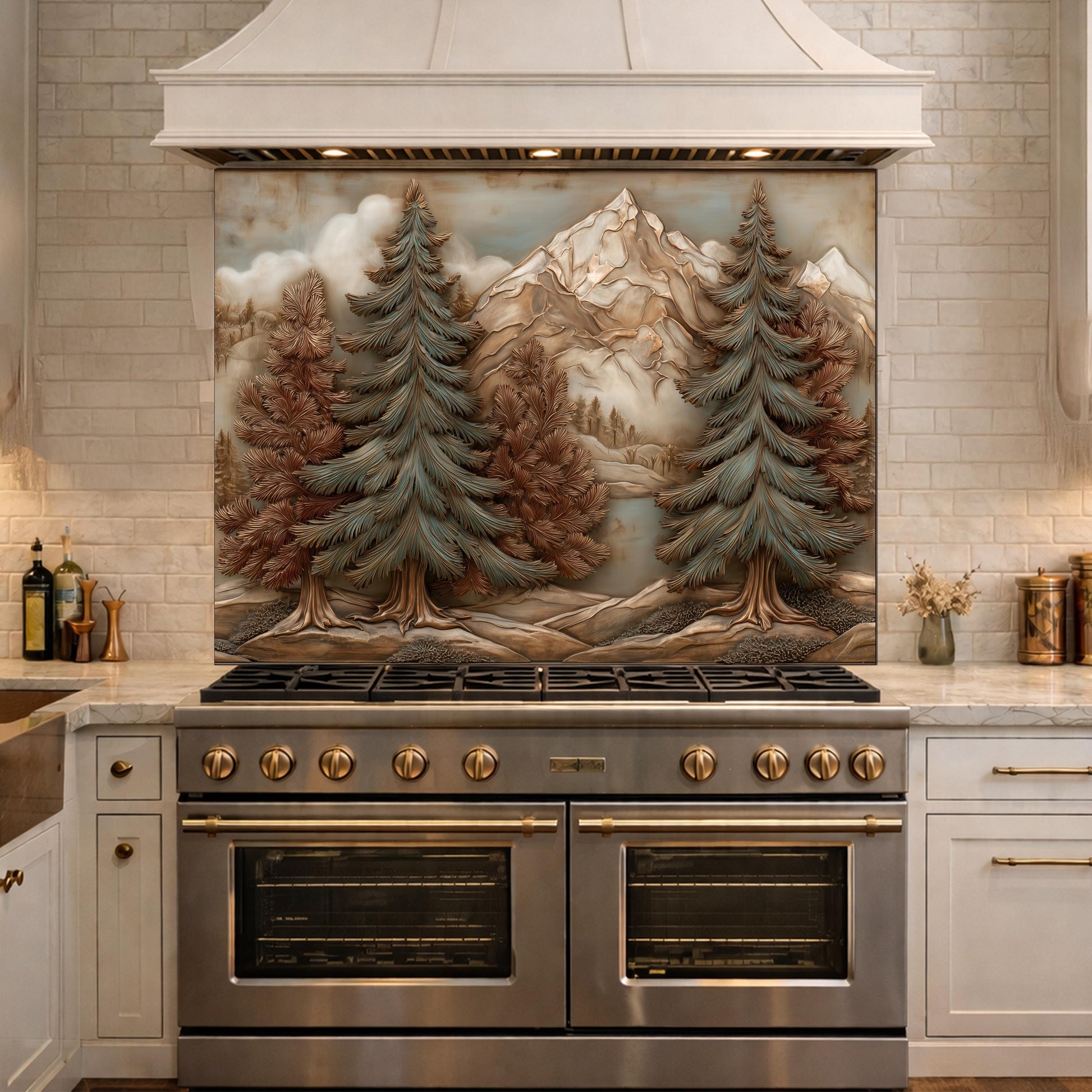 Alpine Pine Forest Backsplash, Copper Look Mountain Landscape Wall Panel, Custom Size