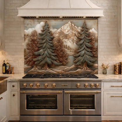 Alpine Pine Forest Backsplash, Copper Look Mountain Landscape Wall Panel, Custom Size