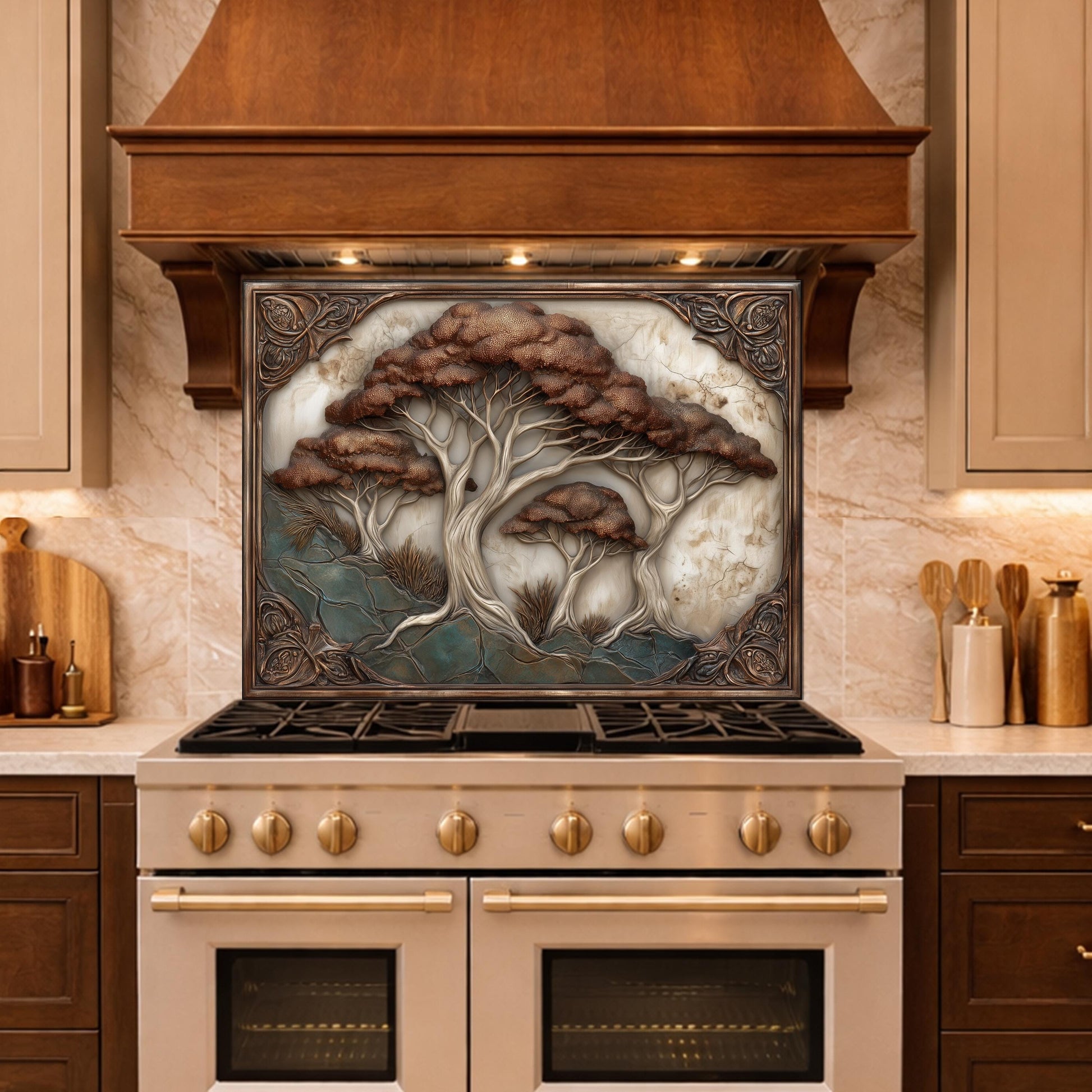 Majestic Oak Trees Backsplash, Copper Look Nature Wall Panel, Rustic Forest Decor, Custom Size