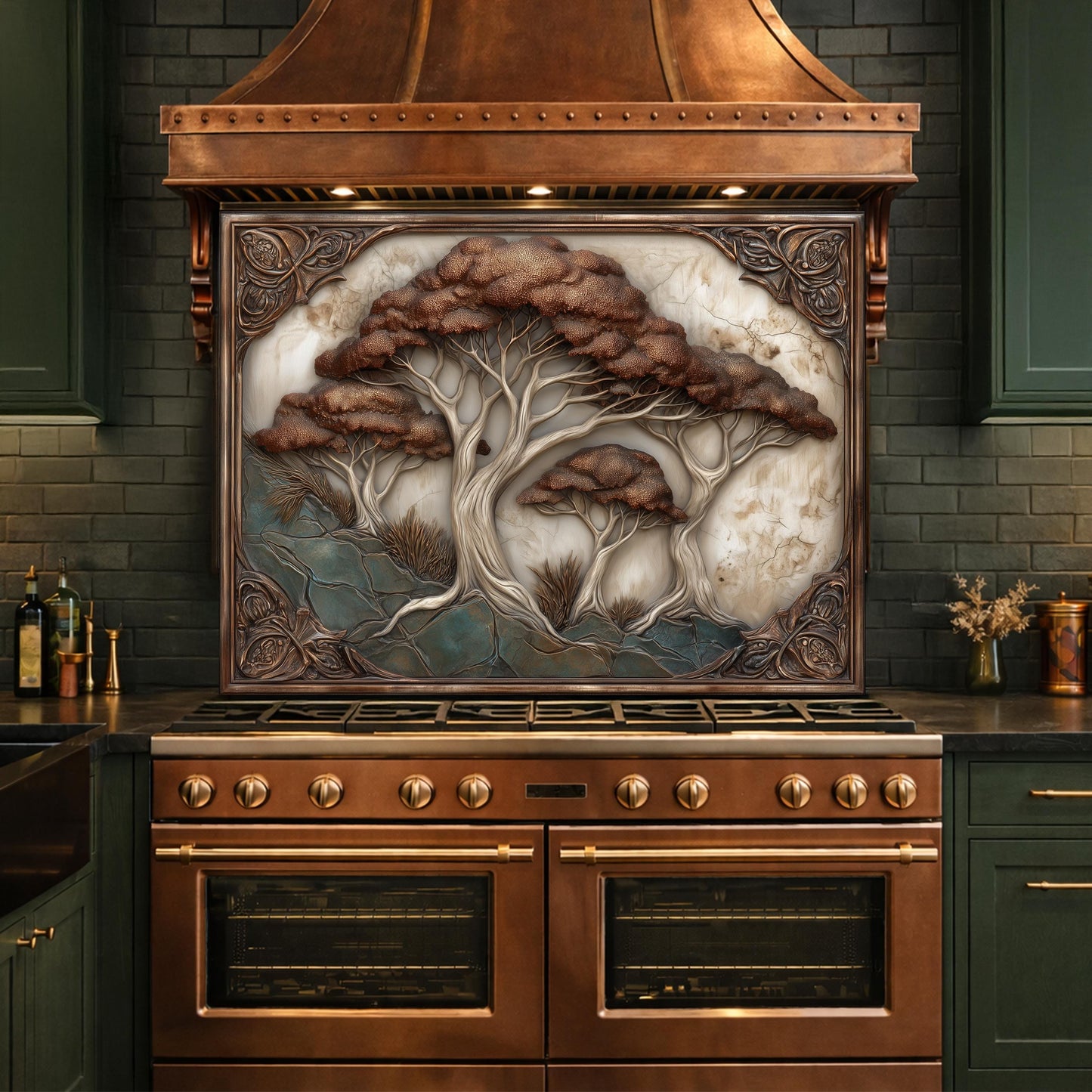 Majestic Oak Trees Backsplash, Copper Look Nature Wall Panel, Rustic Forest Decor, Custom Size