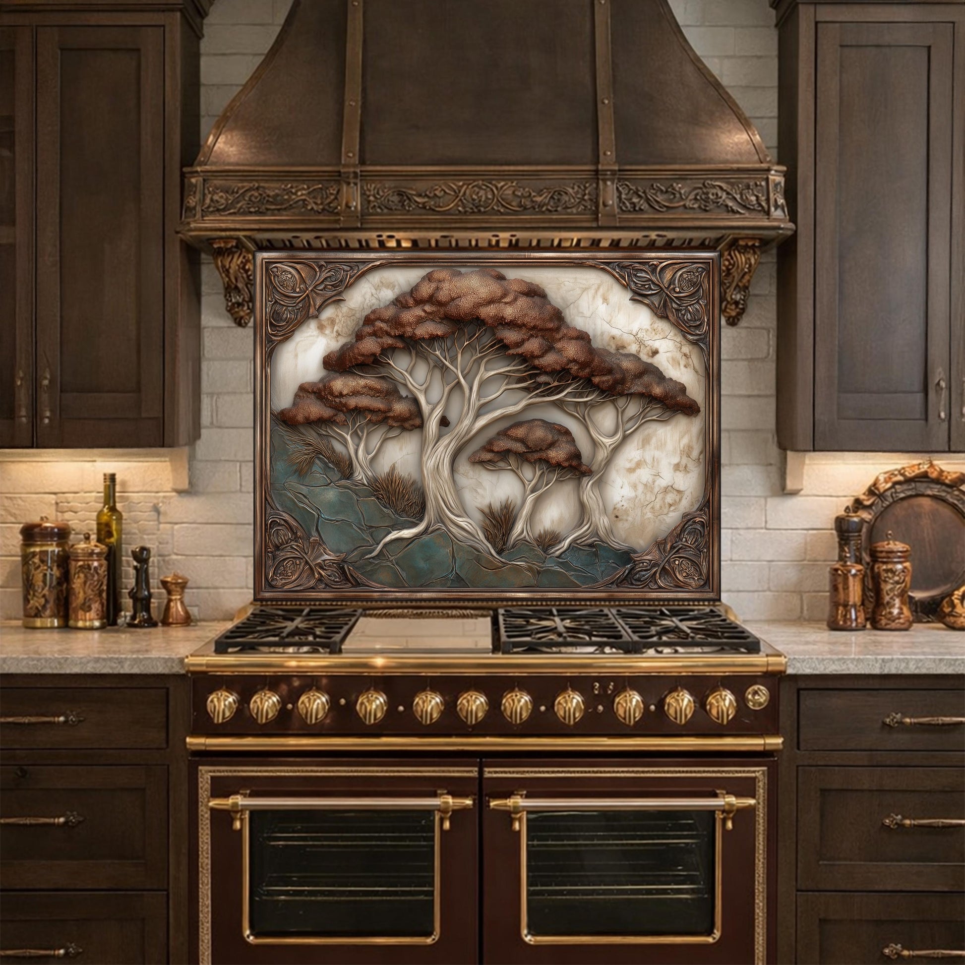 Majestic Oak Trees Backsplash, Copper Look Nature Wall Panel, Rustic Forest Decor, Custom Size