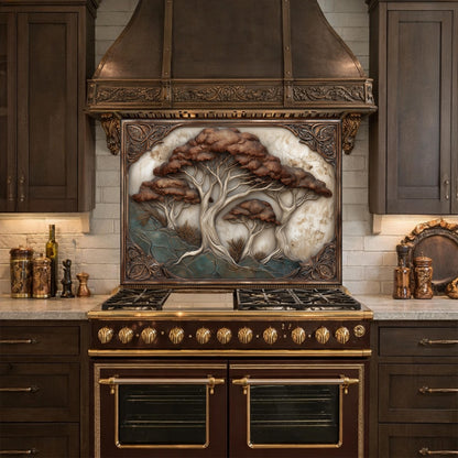 Majestic Oak Trees Backsplash, Copper Look Nature Wall Panel, Rustic Forest Decor, Custom Size