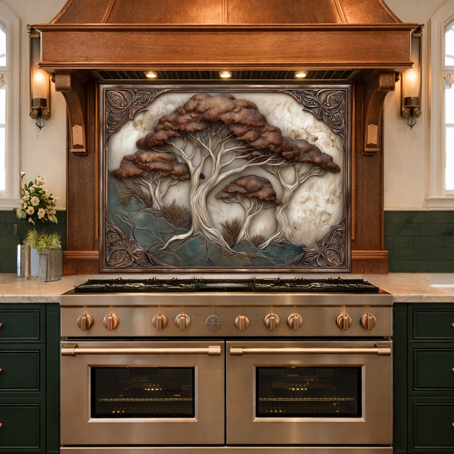 Majestic Oak Trees Backsplash, Copper Look Nature Wall Panel, Rustic Forest Decor, Custom Size