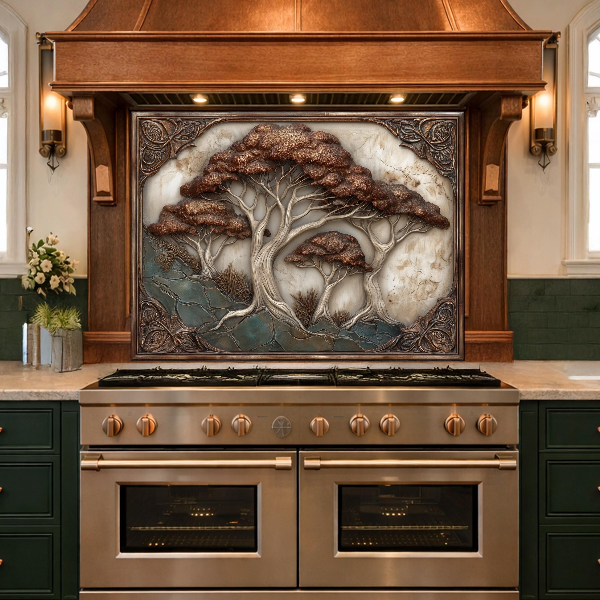 Majestic Oak Trees Backsplash, Copper Look Nature Wall Panel, Rustic Forest Decor, Custom Size