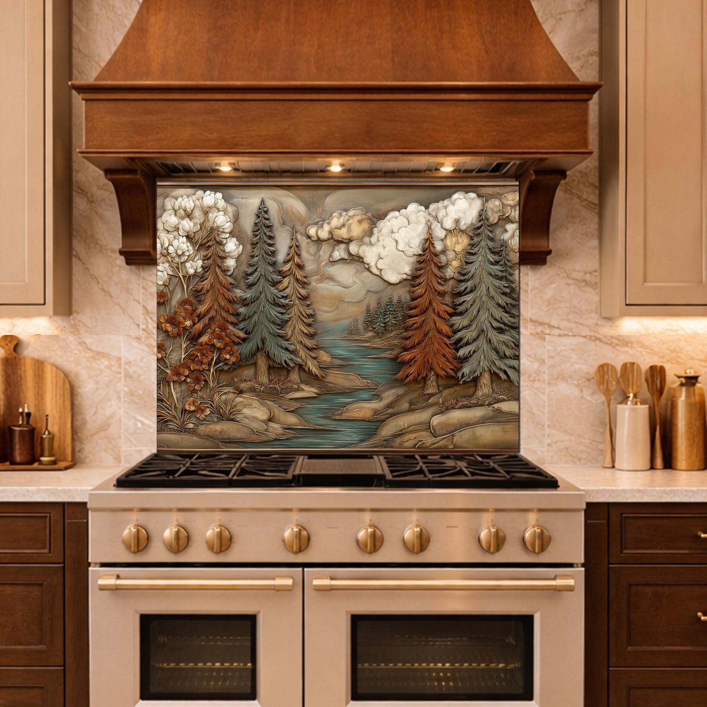 Alpine River Forest Backsplash, Copper Look Pine Trees Wall Panel, Nature Landscape, Custom Size