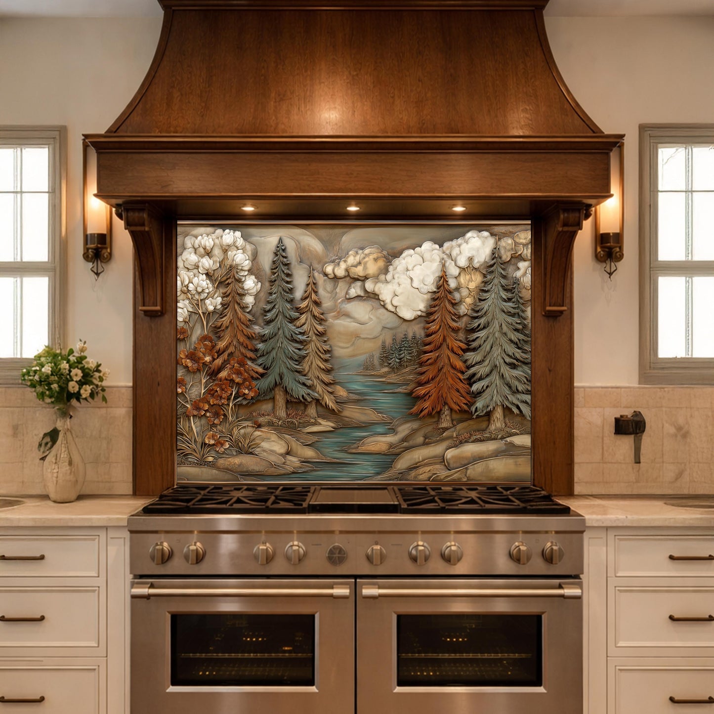 Alpine River Forest Backsplash, Copper Look Pine Trees Wall Panel, Nature Landscape, Custom Size