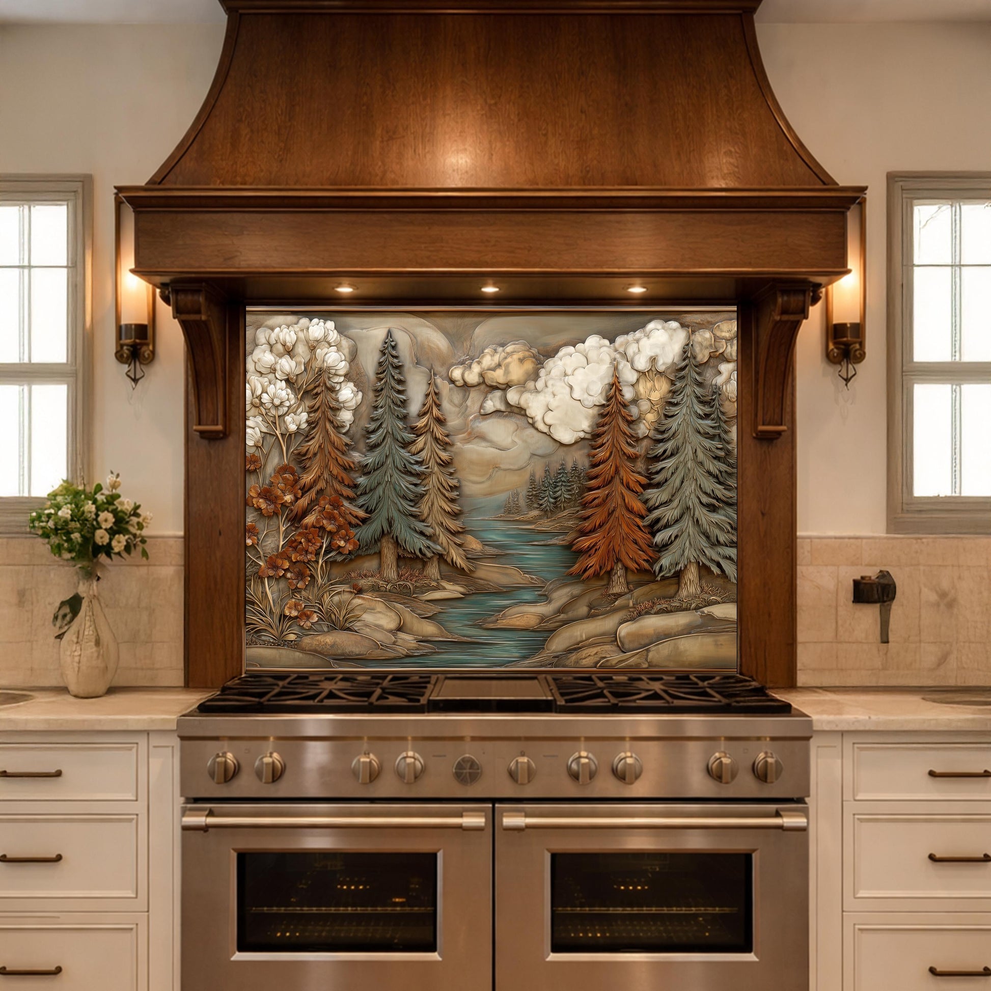 Alpine River Forest Backsplash, Copper Look Pine Trees Wall Panel, Nature Landscape, Custom Size
