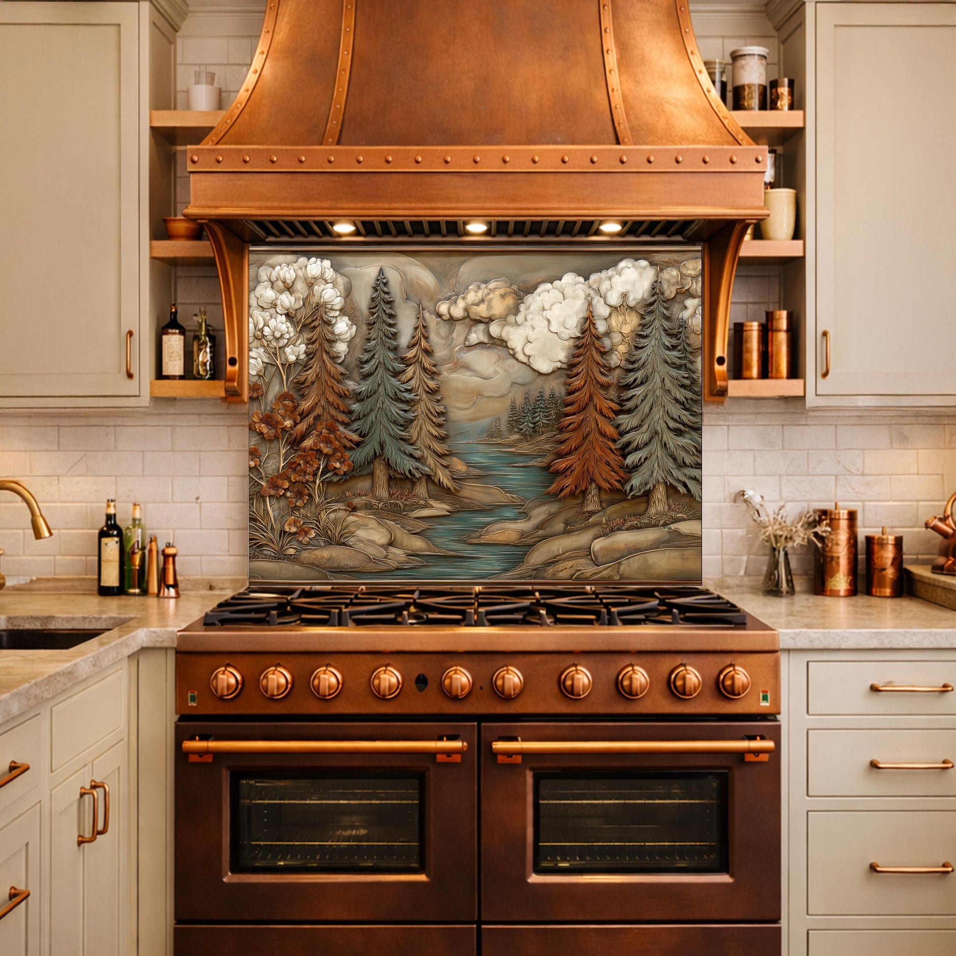 Alpine River Forest Backsplash, Copper Look Pine Trees Wall Panel, Nature Landscape, Custom Size