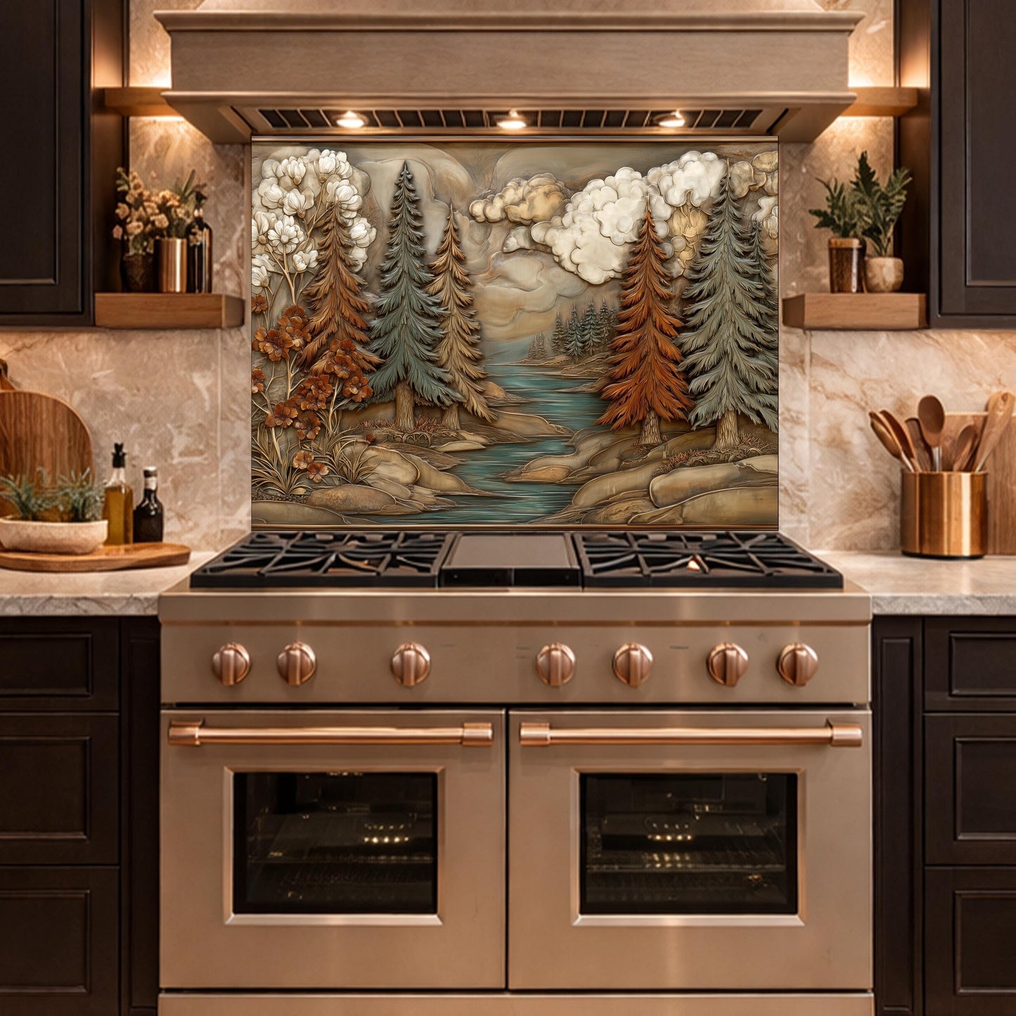Alpine River Forest Backsplash, Copper Look Pine Trees Wall Panel, Nature Landscape, Custom Size