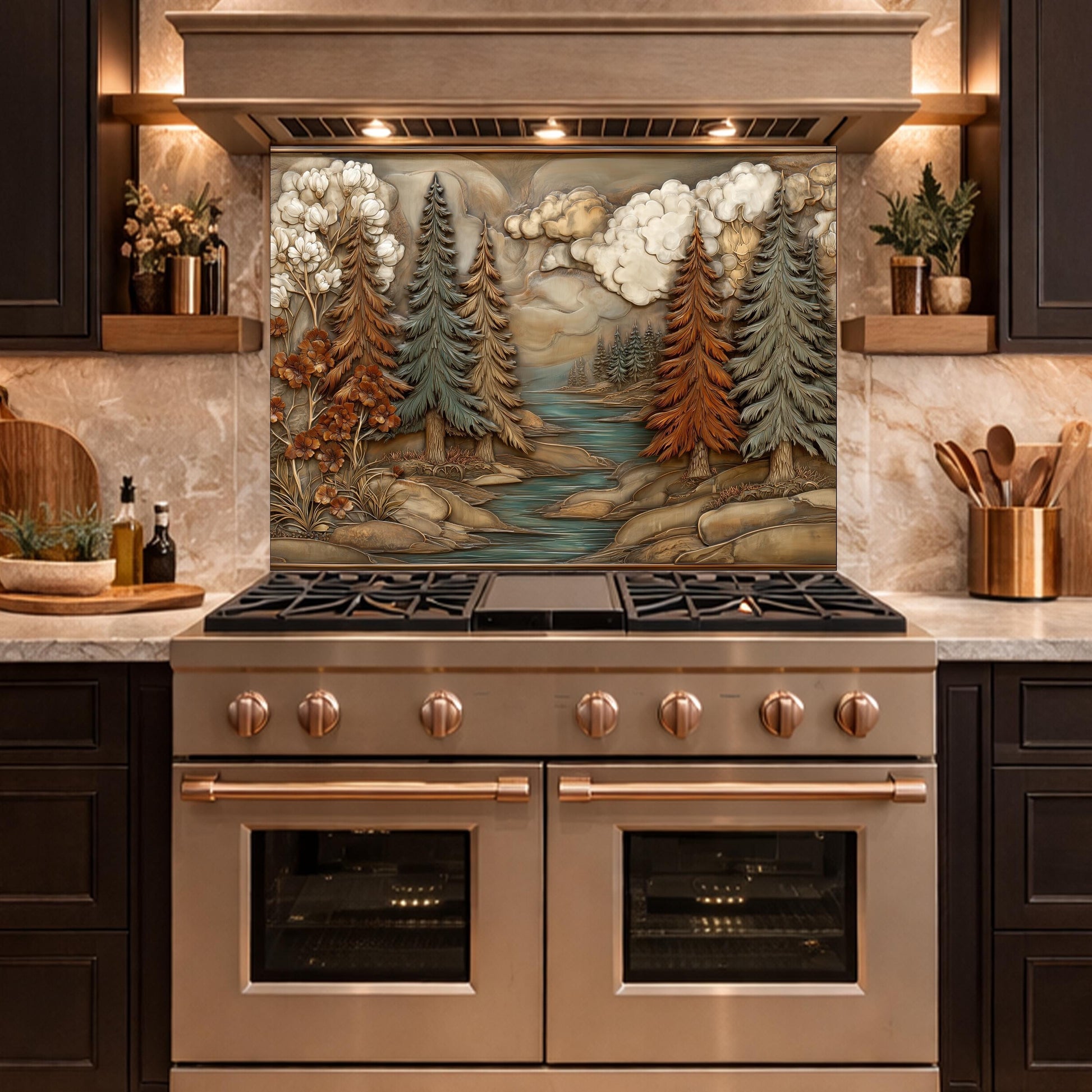 Alpine River Forest Backsplash, Copper Look Pine Trees Wall Panel, Nature Landscape, Custom Size