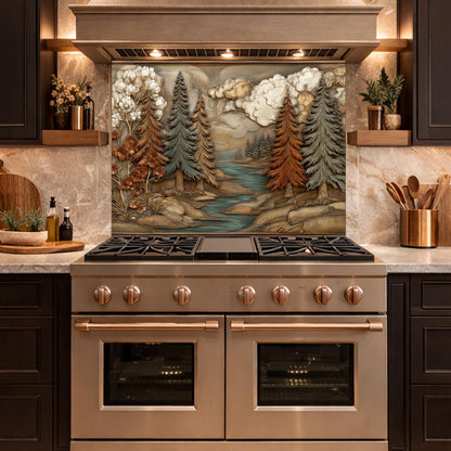 Alpine River Forest Backsplash, Copper Look Pine Trees Wall Panel, Nature Landscape, Custom Size