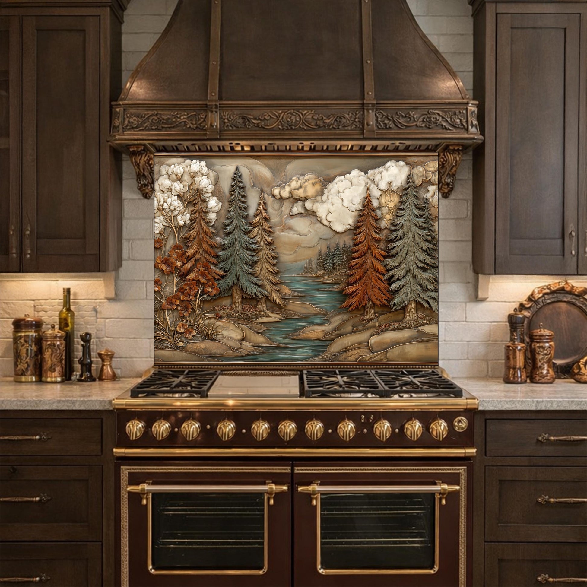 Alpine River Forest Backsplash, Copper Look Pine Trees Wall Panel, Nature Landscape, Custom Size