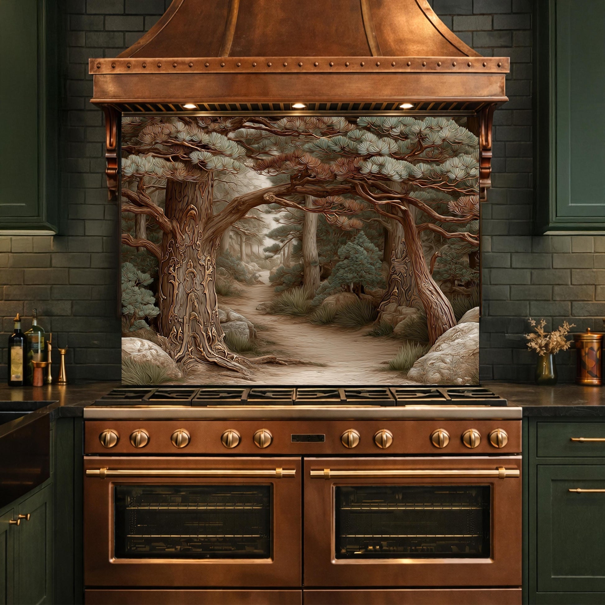 Mystic Forest Path Backsplash, Copper Look Ancient Trees Wall Panel, Nature Decor, Custom Size
